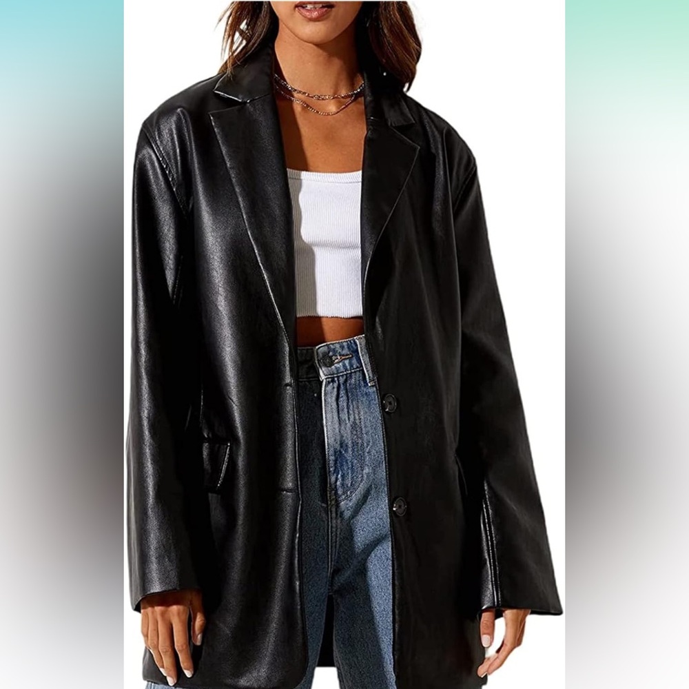Women Leather Jacket Oversized Faux Leather Blazer Button Down